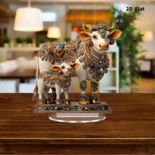 1 pieza Soporte de escritorio de acrílico plano impreso 2D con diseño de vaca sagrada y ternero, decoración de joyería de estilo religioso de lujo, diseño de silueta de animal blanco/dorado/colorido - A - Ver 3