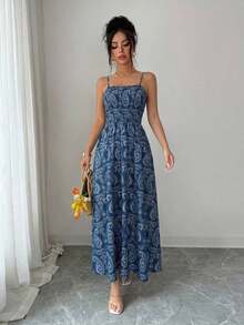 Vestido largo de mujer con estampado de paisley elegante sin mangas, cintura ceñida, adecuado para la playa, viajes, uso casual, sesión de fotos, vestido largo con estampado floral azul, primavera/verano - Azul marino - Ver 3
