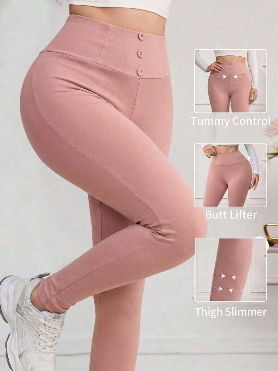 Leggings de cintura alta de unicolor cómodos y casuales para mujer - Rosa - Ver 1