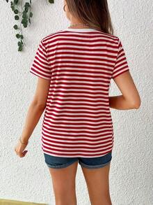 Camiseta De Maternidad De Cuello Redondo A Rayas De Manga Corta Para Verano - Rojo - Ver 2