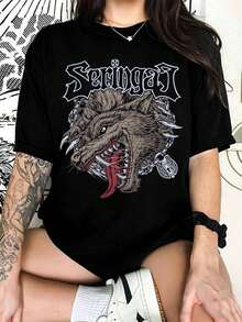 Seringal 3 Angry Wolf Head Thrash Metal Graphic T-Shirt, T-Shirt For Punk Band Fans - Black - View 6