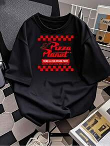 Women's Retro Space Diner Graphic Tee With A Relaxed Fit, Featuring A Planet And Pizza Print. A Stylish Casual Tee For Foodies And Sci-Fi Lovers. Made From A Lightweight And Comfortable Cotton Blend. - 黑色 - 查看 2