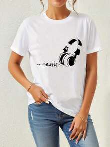 Camiseta Casual para Mujer con Diseño de Auriculares de Música - Blanca, Manga Corta, Cuello Redondo, Corte Holgado, Lavable a Máquina, Diseño Cómodo y Elegante, Camisetas de Música Adecuadas para primavera, verano y otoño - Blanco - Ver 1