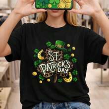 Camiseta de talla grande para mujer para el Día de San Patricio, de algodón, con cuello redondo y manga corta, con estampado de leopardo, trébol, sombrero verde y monedas doradas, corte holgado informal para celebraciones festivas, adecuada para primavera, verano y otoño. - Negro - Ver 7