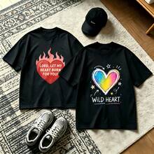 2-Piece Couple Matching Pattern T-Shirt, 100% Cotton, Loose Fit, Soft And Breathable, Casual Round Neck Short Sleeved Top Heart With Flames And Rainbow Heart Versatile Patterns No Picky Combinations Coordinated Dating Casual Travel Simple And Cartoonish Printing Styles High Cost-Effectiveness Couple - 黑色 - 查看 1