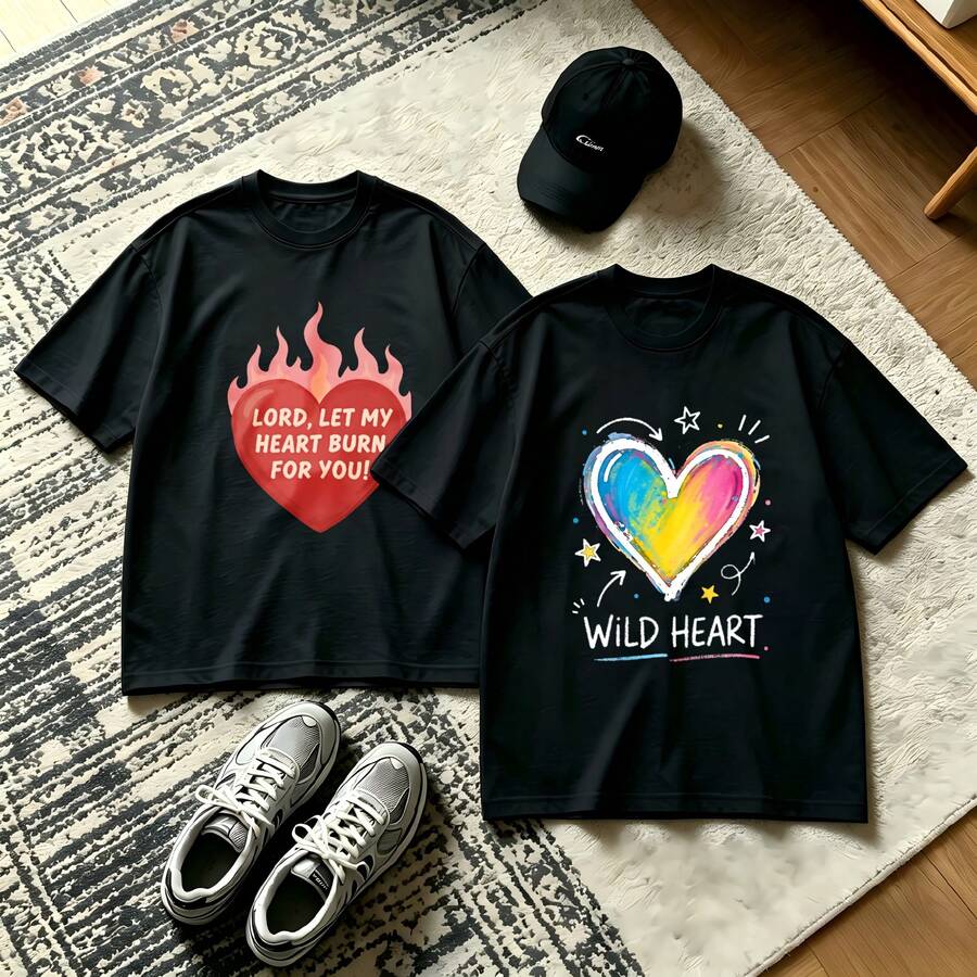 2-Piece Couple Matching Pattern T-Shirt, 100% Cotton, Loose Fit, Soft And Breathable, Casual Round Neck Short Sleeved Top Heart With Flames And Rainbow Heart Versatile Patterns No Picky Combinations Coordinated Dating Casual Travel Simple And Cartoonish Printing Styles High Cost-Effectiveness Couple - 黑色 - 查看 1
