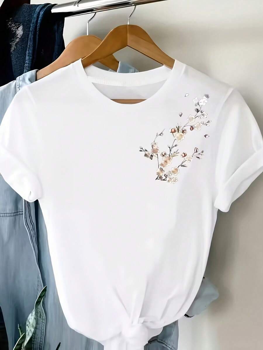 1 pieza de camiseta ligera de manga corta para mujer - Blusa de cuello redondo con estampado floral en rosa suave y beige - Top casual para primavera y verano - Base blanca con diseño de flores delicadas - Ropa casual lavable a mano para brunch y salidas de compras 1 pieza - Blanco - Ver 1