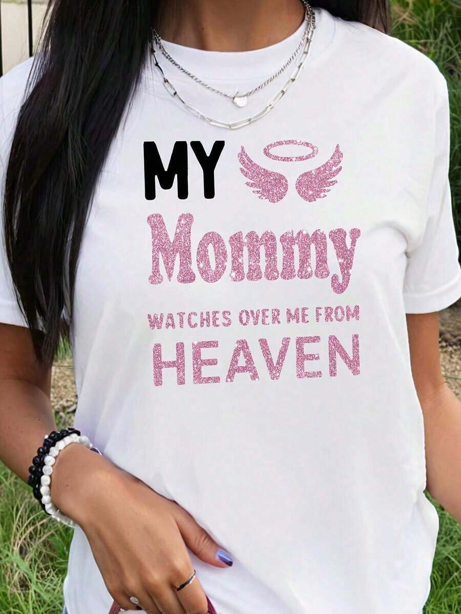 T-Shirt With An Emotional Statement Print, "My Mother Watches Over Me From Heaven," A Fashionable And Comfortable Women's Short-Sleeved T-Shirt With A Round Neck, Machine-Washable Material, Suitable For Casual Outdoor Wear In All Seasons - [白色的] - 查看 1
