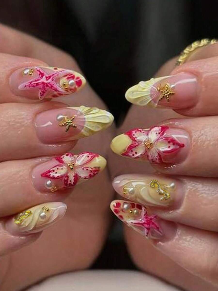 24pcs Long Almond-Shaped 3D Gel Nails, Ocean Theme Turtle & Whale Pattern, Shell & Pearl Decor French Manicure Design, Suitable For Short Nails, Includes 1 Jelly Gel & 1 Nail File - Multicolor - View 1