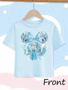 [Authorized] Frozen Princess Elsa Print Disney Girls' Summer Round Neck Casual T-Shirt For Children, Slightly Stretchy Fabric, Suitable For Birthday Gifts, Suitable For Daily Sports And Travel, Summer Girls' T-Shirts - Màu xanh nhạt - Xem 2