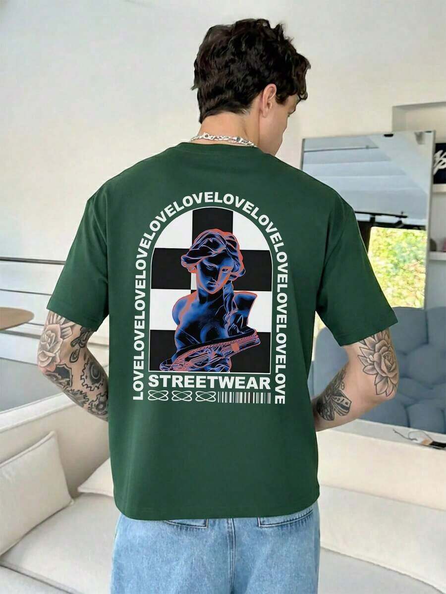 Fractyr Men's Fashionable Printed Loose Fit Short Sleeve T-Shirt | Exquisite Design | Racing Car And Cherry Blossom Print | Summer Essential | Easy To Match, Show Off Your Style - 墨綠色 - 查看 1