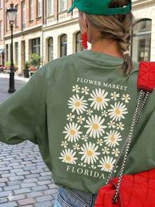 Women's Loose Fit T-Shirt With Sunflower And Letter Print, Short Sleeve And Round Neck, Casual And Modern, Ideal For Spring, Holidays And Outings - 草綠色 - 查看 1