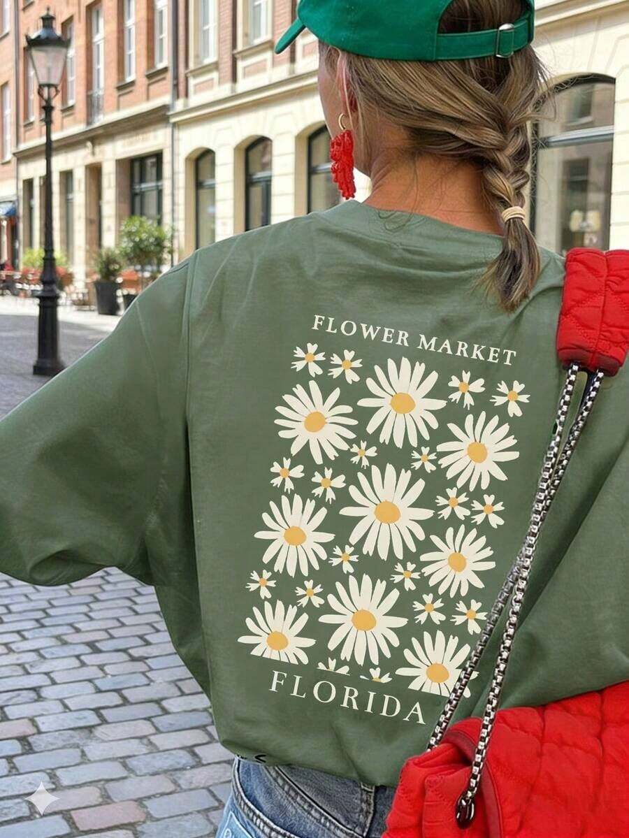 Women's Loose Fit T-Shirt With Sunflower And Letter Print, Short Sleeve And Round Neck, Casual And Modern, Ideal For Spring, Holidays And Outings - 草綠色 - 查看 1