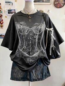 Camiseta de mujer de cuello redondo, hombros caídos y largo medio con estampado digital de encaje, regalo para amigos - Multicolor - Ver 4