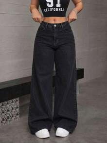 Jeans rectos de mezclilla azul oscuro efecto levantador de glúteos elásticos sueltos - Gris Oscuro - Ver 2