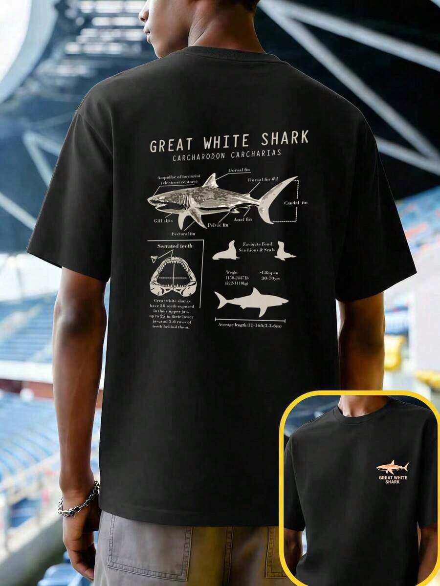 Anatomy Of The Great White Shark T-Shirt, Organic Cotton, Double-Sided Print, Anti-Shrink, Classic Fit, Basic, All-Day Comfort. - 黑色 - 查看 1