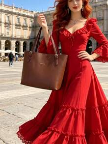 Bolso de mano de mujer de gran capacidad de unicolor de piel de PU, elegante bolso de hombro de unicolor, bolso multifuncional para ir al trabajo/estudiar - Marrón - Ver 6