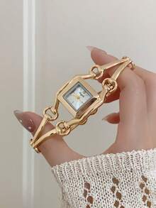 1pc New Arrival Women's Minimalist Casual Elegant European & Middle Eastern Style Bracelet Watch, Retro Gold Color - Gold - View 6
