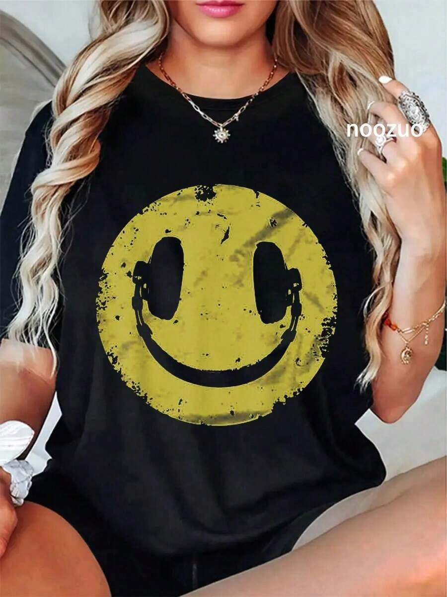 Vintage 100% Cotton T-Shirt With Face And Headphones Print, Hip Hop Rap Style, For Men And Women, Round Neck, For Summer Holidays - 黑色 - 查看 1