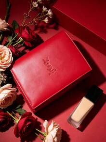 Yves Saint Laurent 紅色絎縫皮革化妝包，內置大尺寸化妝鏡，金色拉鍊雙層化妝收納包，便攜旅行盥洗包，適合送給女友的高端奢華禮物 - 紅色 - 查看 2