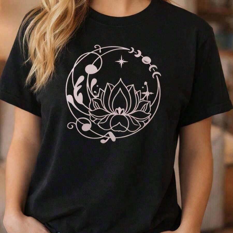 Women's Clothing 1 Piece Casual Short Sleeve T-Shirt For Women - Italian Style With TI AMO Print, Pink Scooter, Floral And Fruity, White Round Neck, Women's Shirts - 黑色 - 查看 1