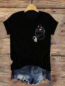 Camiseta de Algodón Puro para Mujer, Diseño Simple y Versátil, Manga Corta, Cuello Redondo, Estampado de Astronauta - Negro - Ver 1