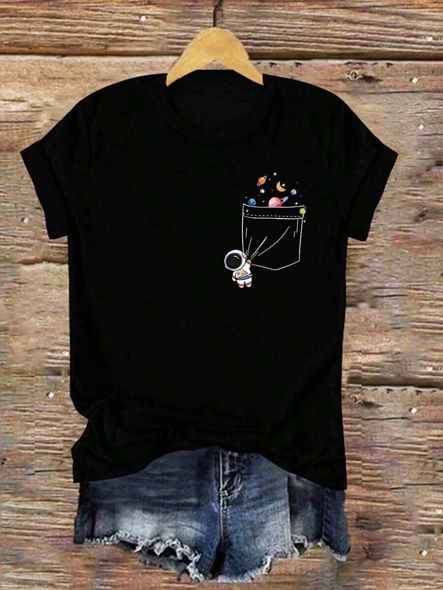 Camiseta de Algodón Puro para Mujer, Diseño Simple y Versátil, Manga Corta, Cuello Redondo, Estampado de Astronauta - Negro - Ver 1