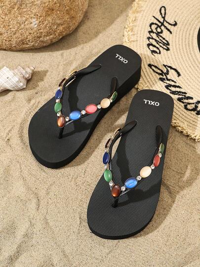 OXLL Luxury Rhinestone & Colorful Stone Embellished Thick-Sole Flip Flops, Fashionable Versatile Street-Style Platform Thong Sandals, Thick-Sole Summer Beach Slippers, Soft Bohemian Style Holiday Flat Slides, Original New Design