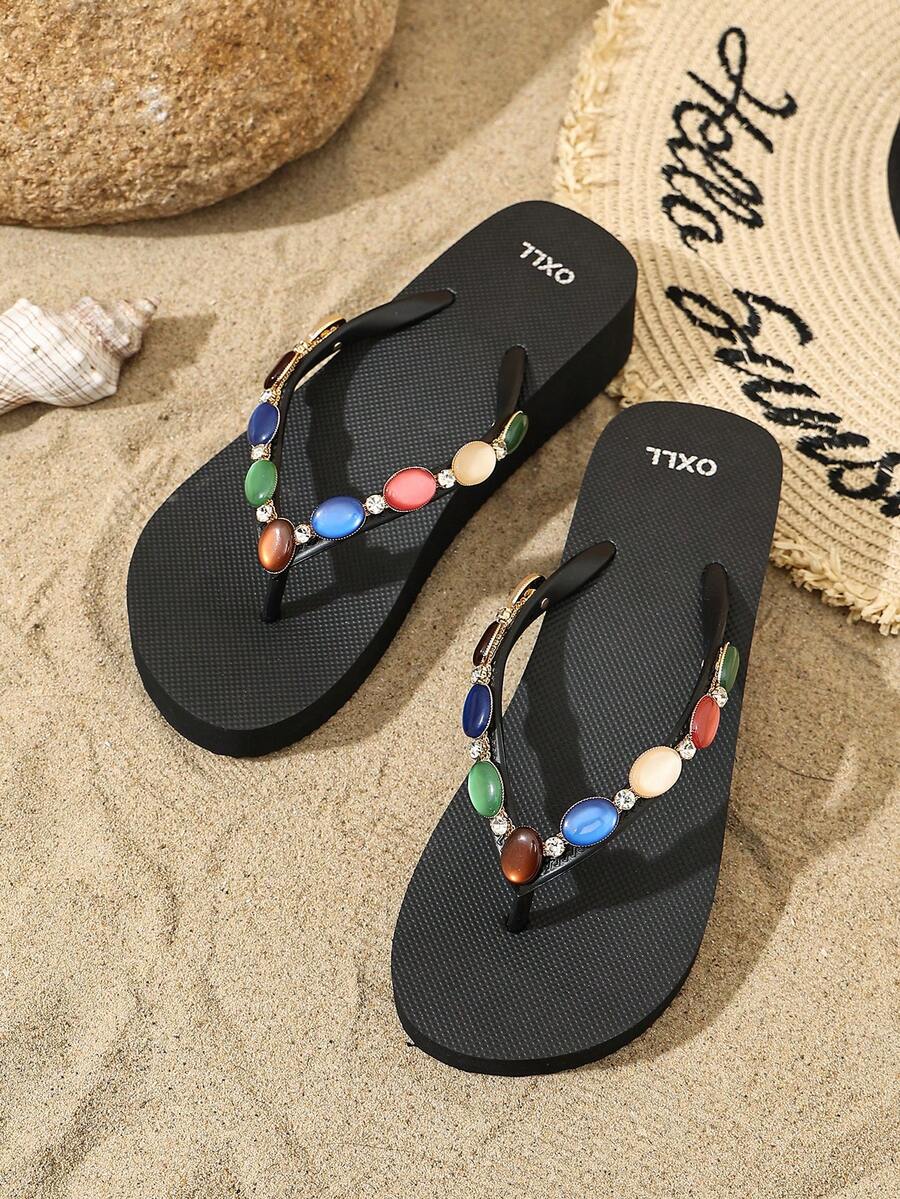 OXLL Luxury Rhinestone & Colorful Stone Embellished Thick-Sole Flip Flops, Fashionable Versatile Street-Style Platform Thong Sandals, Thick-Sole Summer Beach Slippers, Soft Bohemian Style Holiday Flat Slides, Original New Design - Black - View 1