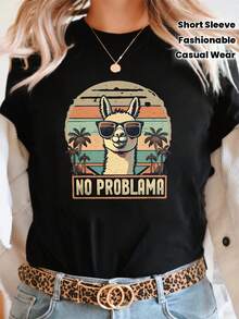 Women's Short-Sleeved Crew Neck T-Shirt With A Graphic Print Of "Alpaca NO PROBLEM," Modern And Stylish, Ideal For Casual Outings And Holiday Gifts, With A Vintage, Relaxed, And Fun Style That Exudes Attitude. Unisex Cotton Loose-Fitting Short-Sleeved Crew Neck T-Shirt With An Urban Vintage Style. - 黑色 - 查看 2