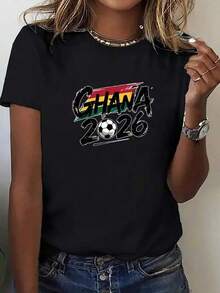 New 2026 Ghana Football Themed Women's T-Shirt, Short Sleeve, Casual And Multipurpose, Suitable For Daily Sports And Parties, Stylish And Personalized, Supporting The Team, Women's Blouses, Blouses, Casual Blouses For Women, Tops For Women, Tops, Unisex. - 黑色 - 查看 1