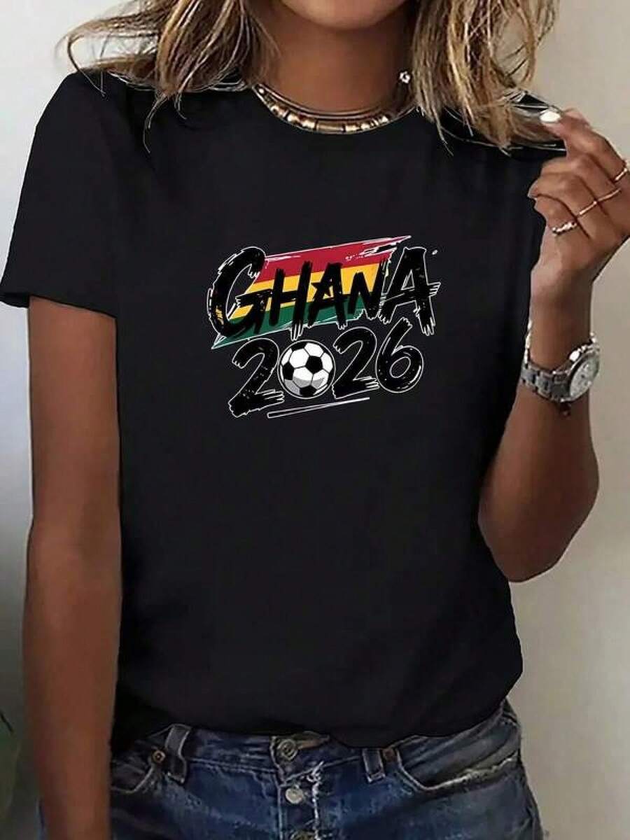 New 2026 Ghana Football Themed Women's T-Shirt, Short Sleeve, Casual And Multipurpose, Suitable For Daily Sports And Parties, Stylish And Personalized, Supporting The Team, Women's Blouses, Blouses, Casual Blouses For Women, Tops For Women, Tops, Unisex. - 黑色 - 查看 1