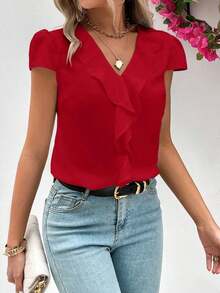 Camisa holgada de manga corta con borde de volantes y cuello en V, con parches unicolor para mujer en verano - Rojo - Ver 5