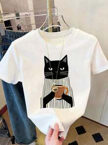 Women's Short-Sleeved T-Shirt With A Round Neck And Cute Black Cat Print, Regular Fit With High Elasticity For Casual Summer Fashion In White - 白色 - 查看 6
