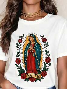 Graphic T-Shirt Of The Virgin Mary, Christian Catholic Religious Symbol With Rose And Halo Design, For Women, Men, Unisex, White T-Shirt - 白色 - 查看 7