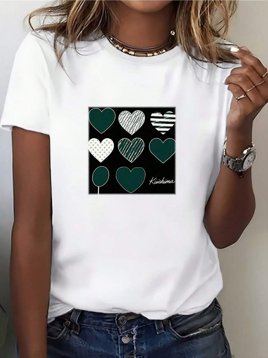 Camiseta de mujer con estampado de corazones verdes - Regalo para el Día de San Valentín, camiseta de manga corta con cuello redondo, top casual sin blusa con estampado de corazones verdes, - Blanco - Ver 1