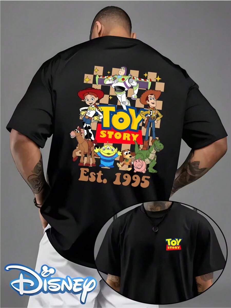 Disney Genuine Authorization, Toy Story 1995 Classic Assembly Pattern Printing, Men's Short-Sleeved T-Shirt, Round Neck Design, Machine Washable, Comfortable And Casual Wear, Men's T-Shirt. - Black - View 1