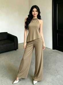 Conjunto de top halter y pantalones de color café claro, estilo sencillo para ir al trabajo - Caqui - Ver 4