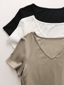 Nuevo conjunto de camiseta de manga corta, escote en V, delgada y versátil, de corte sexy para mujer - Multicolor - Ver 7