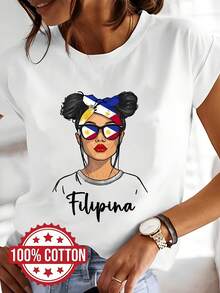 Women's 100% Philippine Flag T-Shirt - Casual Short-Sleeved Crew Neck T-Shirt With A Sunburst Design, Suitable For Showing Filipino Pride, Ideal For Spring And Summer Wear, Machine Washable, Filipino Style T-Shirts For Women. - 白色 - 查看 4