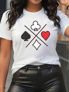 Camiseta de Mujer: Camiseta negra de manga corta para damas, con diseño de cartas de póker, diseñada para ofrecer comodidad y adecuada para el uso diario. Camisetas para Mujer. - Blanco - Ver 12