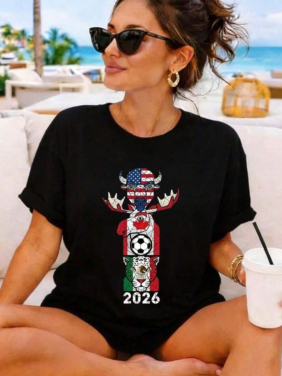 Women's Graphic Print Cotton T-Shirt, Casual Loose Fit With Artistic Animal And Flag Design, Soft And Breathable Fabric For Everyday Summer Wear - 黑色 - 查看 1