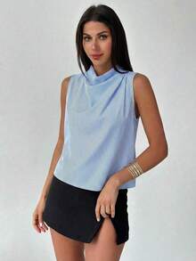 Camisa asimétrica plisada de color albaricoque, elegante y de moda, para uso diario en la oficina, de vacaciones o en festivales de música, para primavera/verano - Azul y blanco - Ver 9