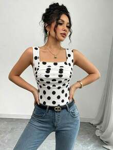Camiseta sin mangas de verano ajustada de cuello cuadrado de unicolor elegante y casual para mujer - Blanco y Negro - Ver 4