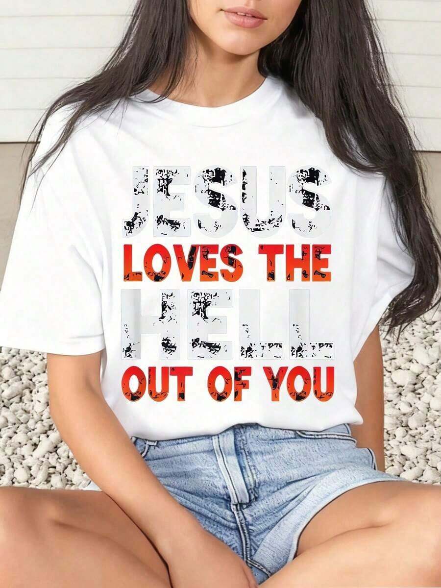 1 Piece Women's T-Shirt With Graphic Print "Jesus Loves The Hell Out Of You", Casual For Everyday Wear, Round Neck, Short Sleeve, Soft And Comfortable, 220g/180g 100% Cotton - 白色 - 查看 1
