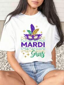 1 Piece Women's Mardi Gras T-Shirt With Feather And Text Print, Casual Festival Style, Round Neck, Short Sleeve, Soft And Comfortable, 220gsm 180g 100% Cotton - 白色 - 查看 10