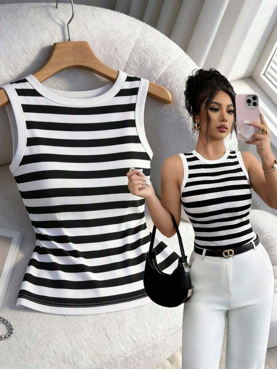 Top de tirantes ajustado y acanalado elegante para mujer, en negro y blanco acanalado, adecuado para uso diario en primavera/verano - Blanco y Negro - Ver 1