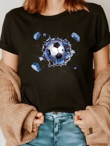 A Soccer Ball Breaking Through A Wall Symbolizes Energy, Strength, And Sporting Passion. With A Dynamic Motion Effect And Realistic Details, This Women's Casual, Modern, And Comfortable T-Shirt Is Perfect For Everyday Wear. - 黑色 - 查看 8
