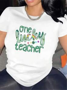 Women's T-Shirt With Lucky Teacher Design | Black, Short Sleeve, Round Neck, Comfortable And Durable, Fashionable Rainbow And Star Design, Fun Design, Comfortable Fit, Suitable For Spring/Summer/Autumn - 白色 - 查看 1