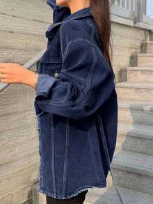 Jeans casuales de mujer con ajuste holgado, lavado desgastado y bajo con abertura, ropa de otoño, chaqueta de jeans de manga larga para mujer - azul real - Ver 4